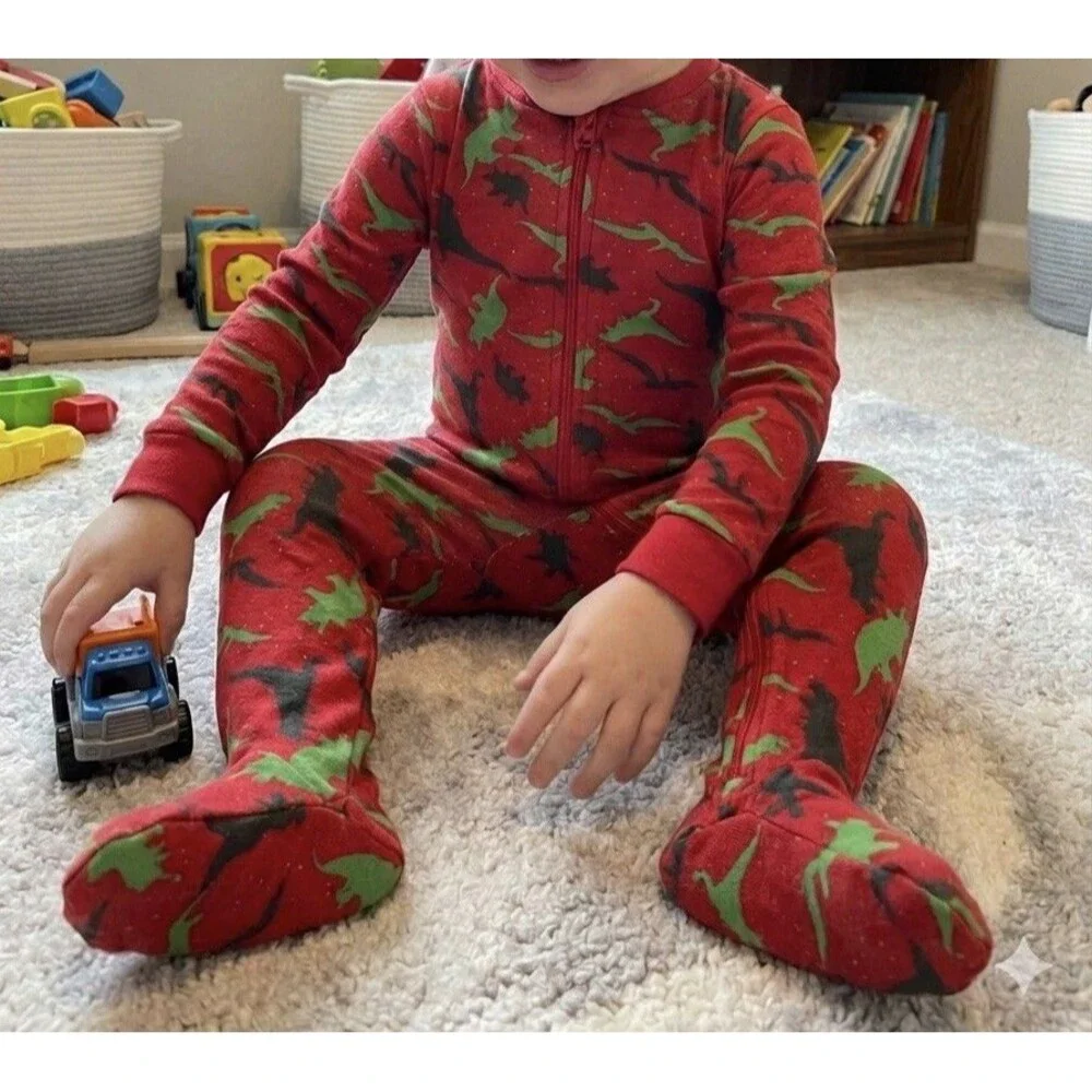 NWT Dip Toddler Boys Red Dinosaur Footed Pajamas Sleeper Snug Fit 18-24M